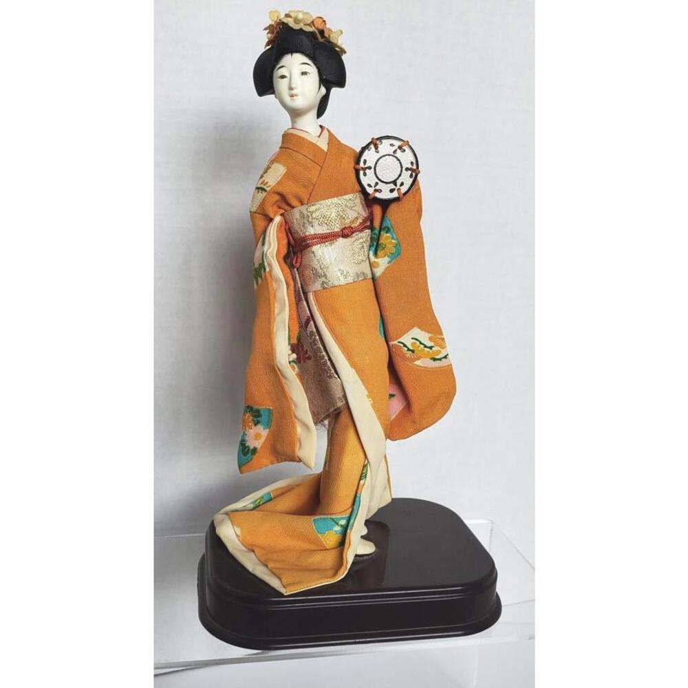 Vtg Japanese Handmade Komachi Doll Geisha Girl on Stand Trade Mark 9.25" Tagged